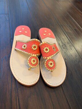Jack Rogers Jacks Flat Sandals — Coral with Gold Trim, Size 8